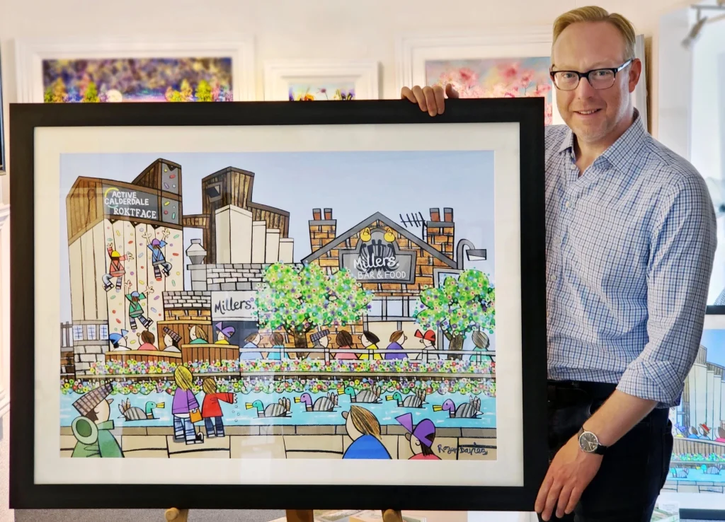 Roger Davies alongside his piece "On The Canal In Brighouse By The Mill Royd Mill"